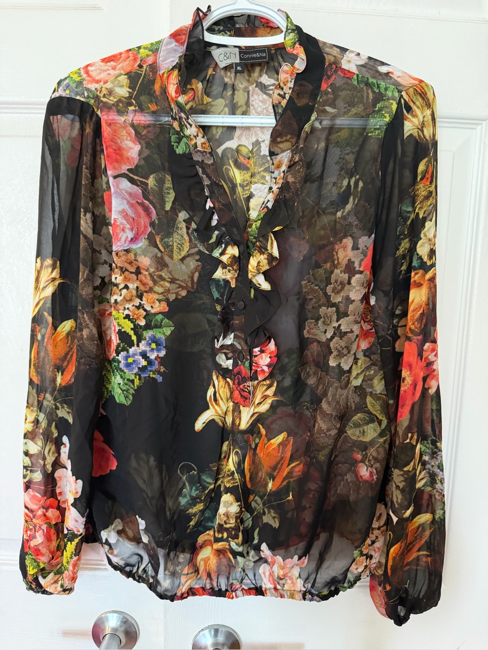 Connie Black Sheer Floral Ruffle Blouse